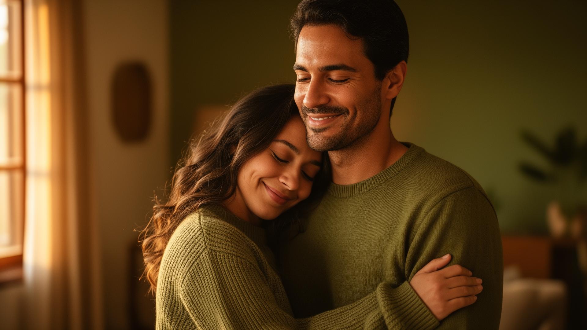Casal abraçado em luz dourada